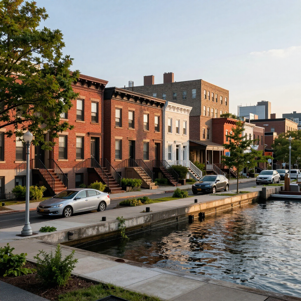 Canal-side brick rowhouses with parked cars and trees along a waterfront street at dusk