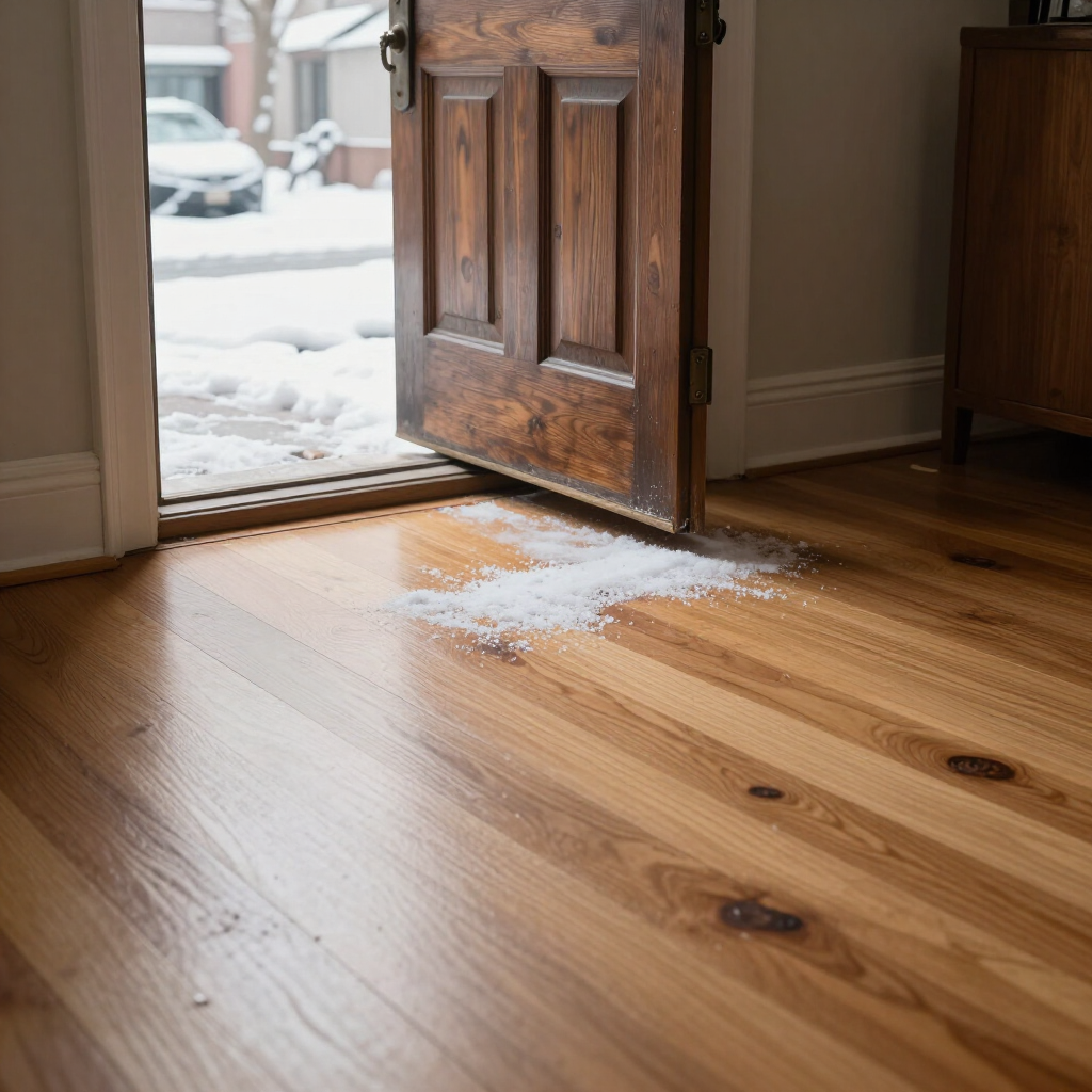 Wooden front door open to snowy porch, with snow tracked onto a hardwood floor.