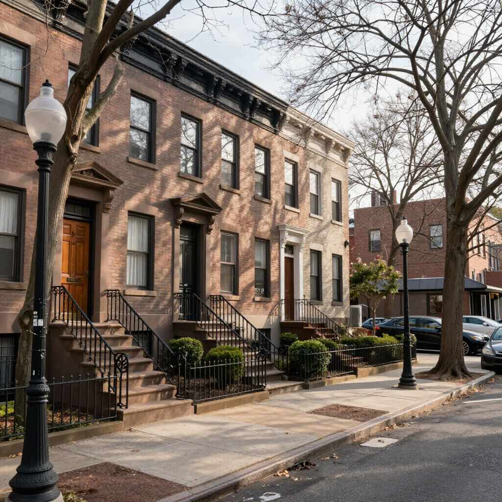 Row of brownstone townhouses on a quiet city street with trees and parked cars