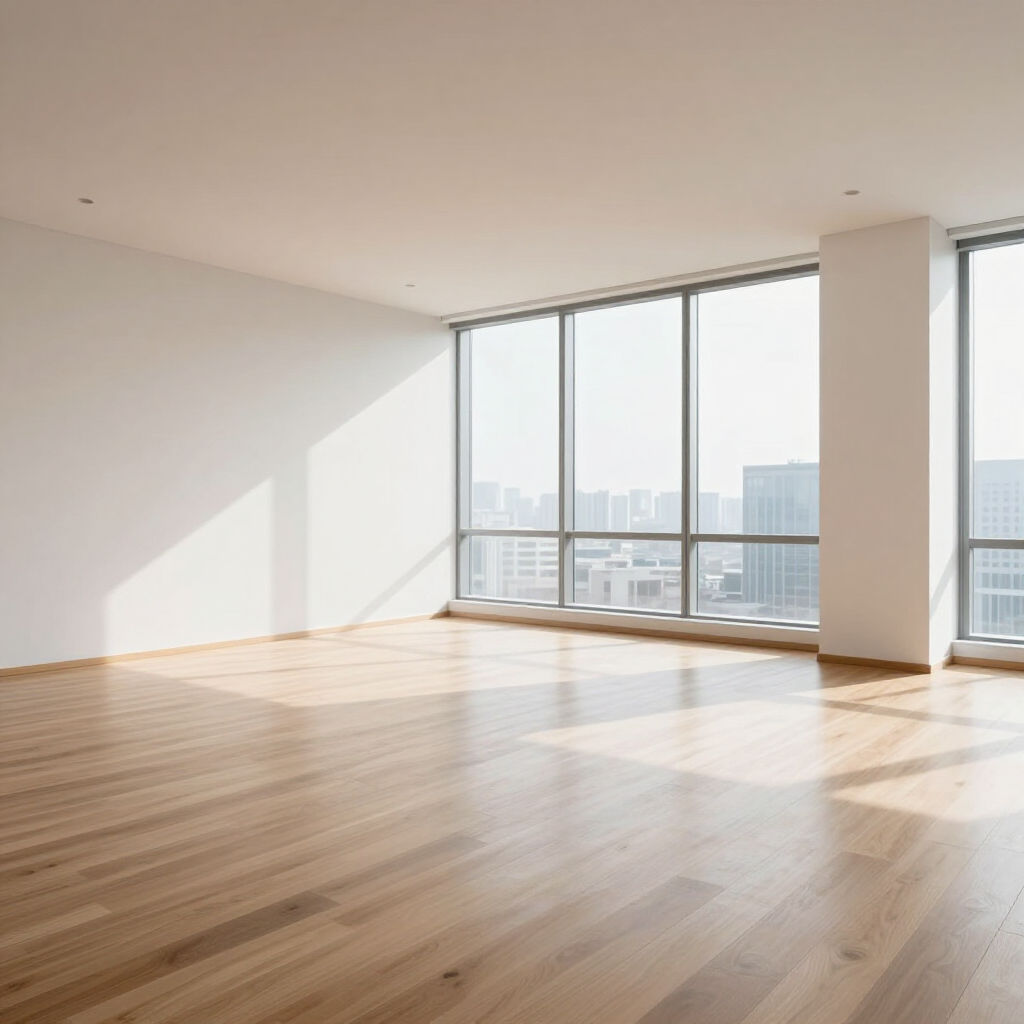 Empty sunlit room with hardwood floors and large floor-to-ceiling windows overlooking a city skyline