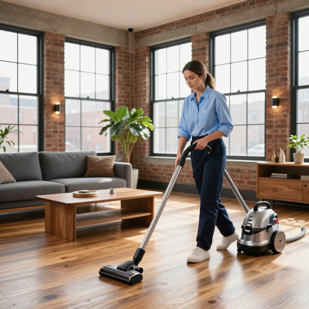 Person vacuuming a hardwood floor in a bright loft living room with large windows
