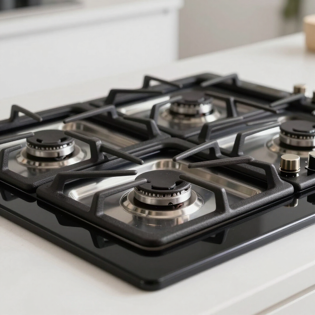Black four-burner gas stovetop with cast-iron grates on a white kitchen counter