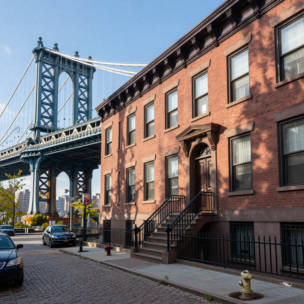 Brick rowhouses on a cobblestone street with the Manhattan Bridge in the background.
