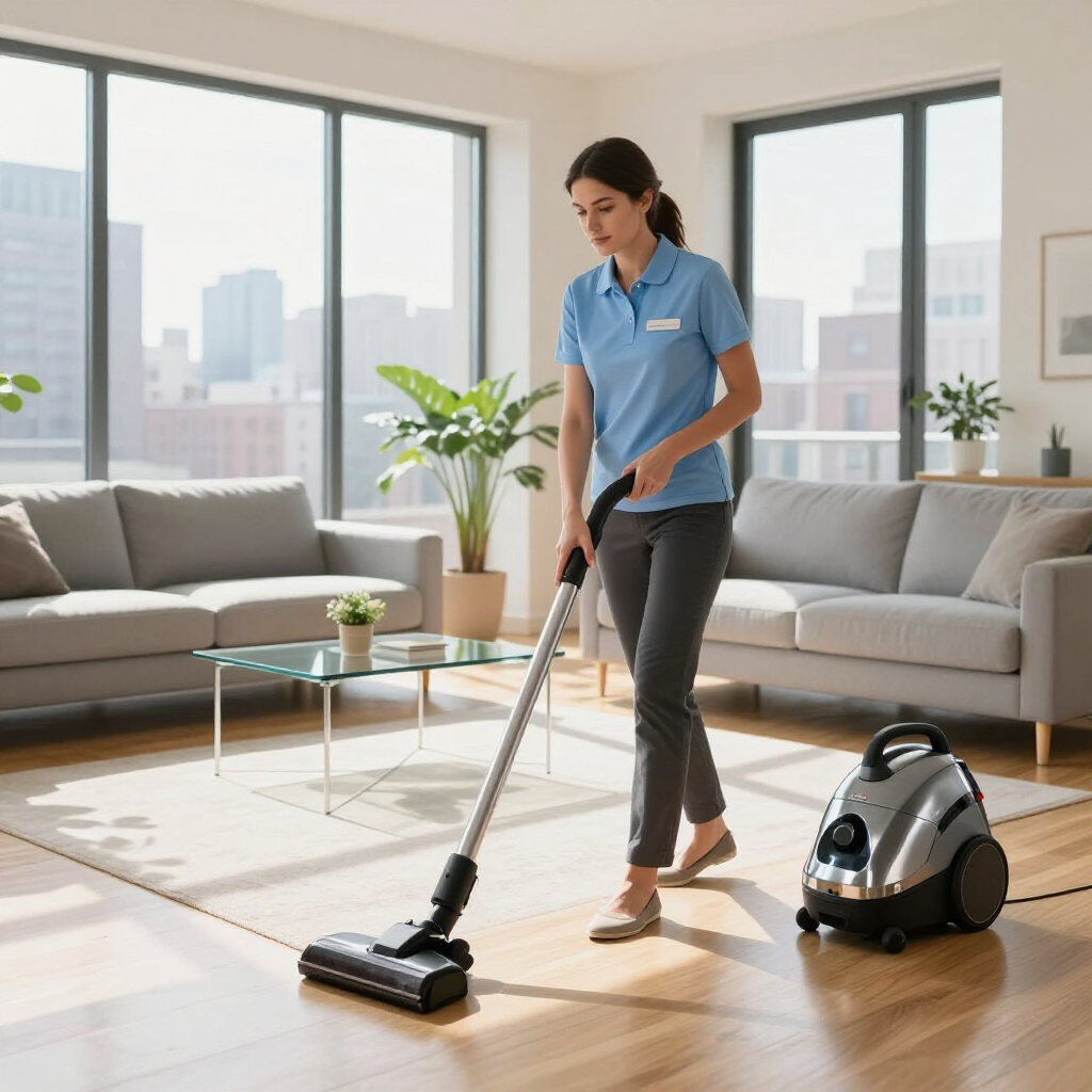 Woman vacuuming a bright living room with a canister vacuum and sofa in the background