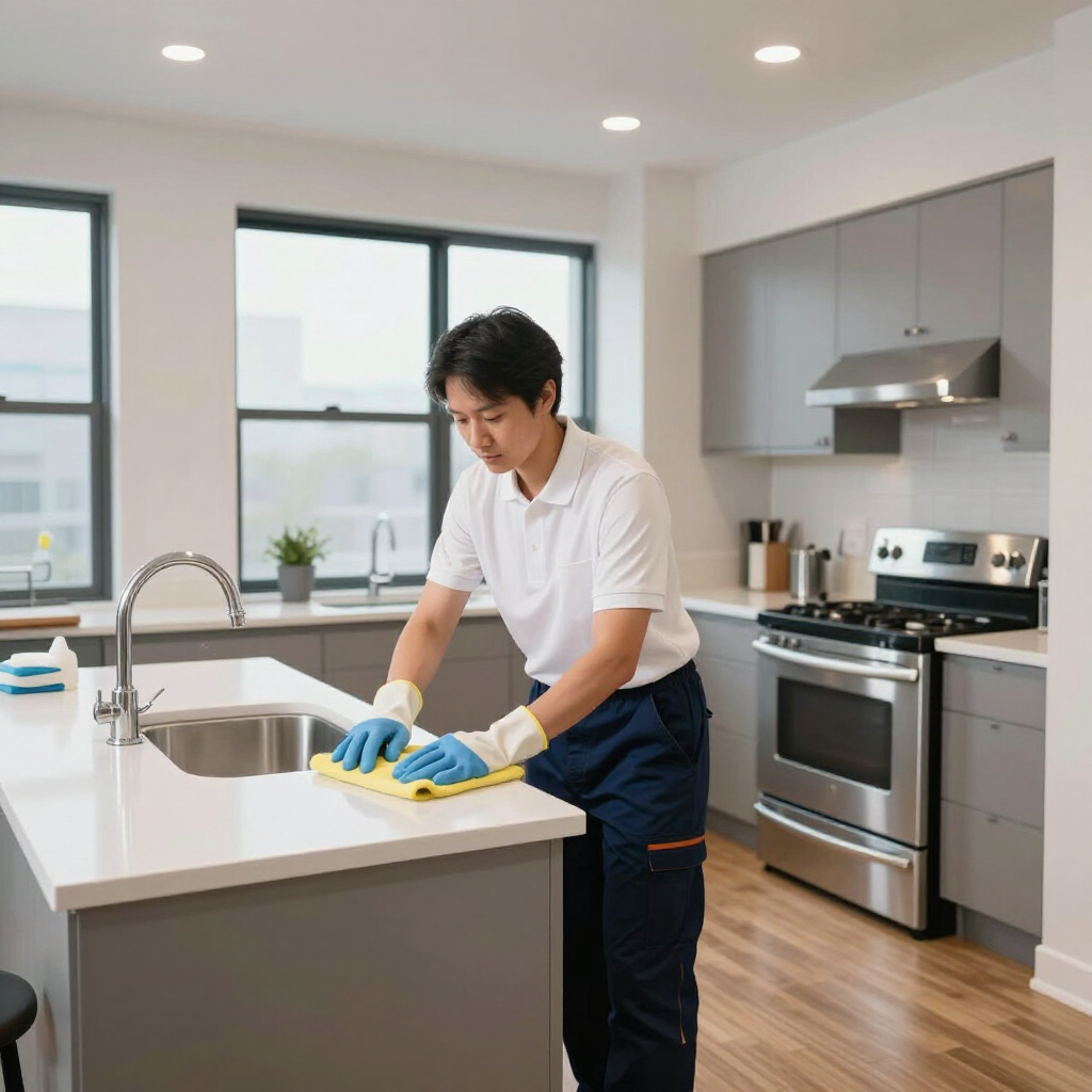 Person cleaning a kitchen countertop with a spray bottle and cloth in a bright modern kitchen