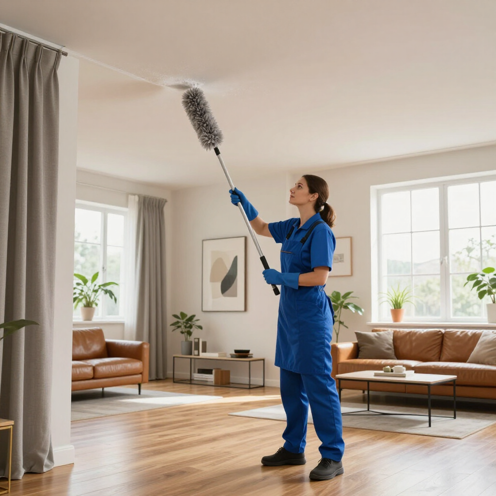 Person in blue work clothes dusting a ceiling in a bright living room with a telescoping duster