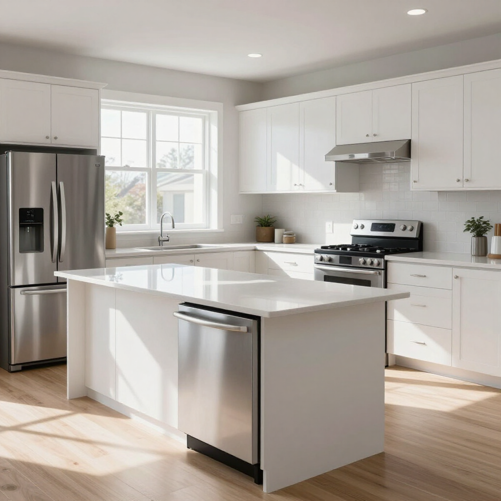 Bright modern white kitchen with stainless steel appliances and a large island in sunlight
