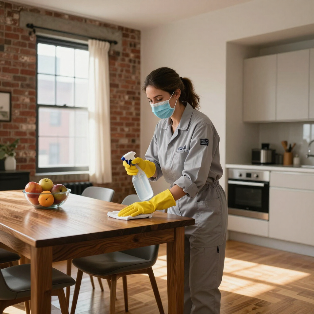 Person in a mask and gloves cleaning a wooden table in a bright kitchen