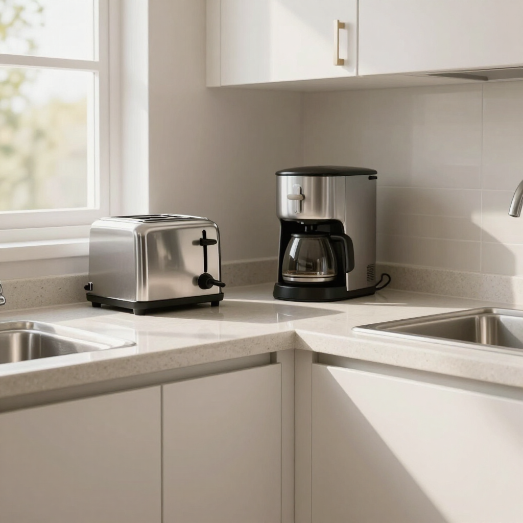 Modern kitchen counter with a silver toaster and black coffee maker by a window and sink