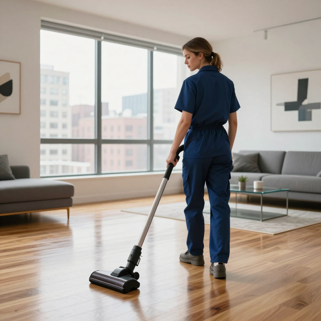 Person vacuuming a modern living room with hardwood floors and large windows