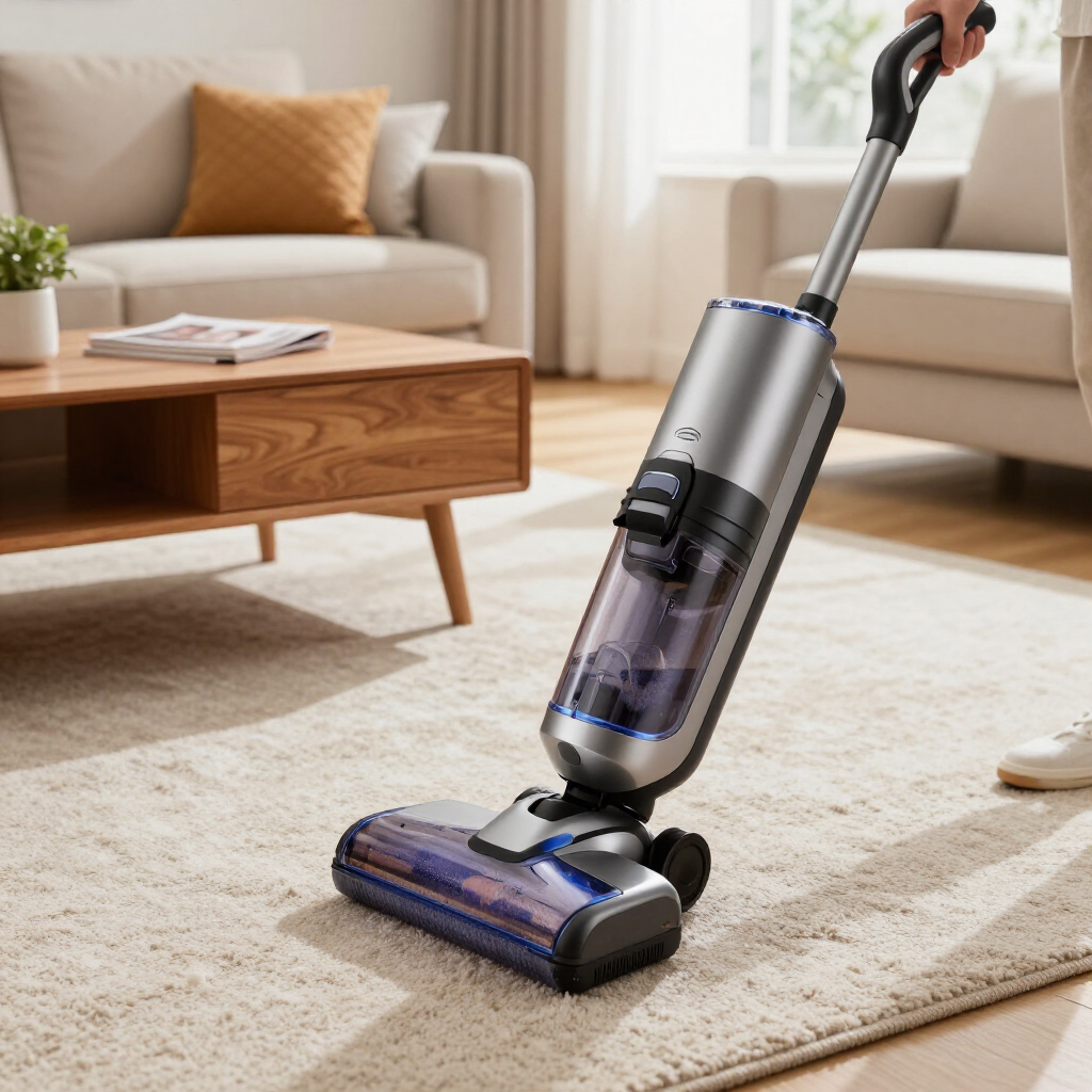 Cordless stick vacuum cleaning a beige carpet in a bright living room