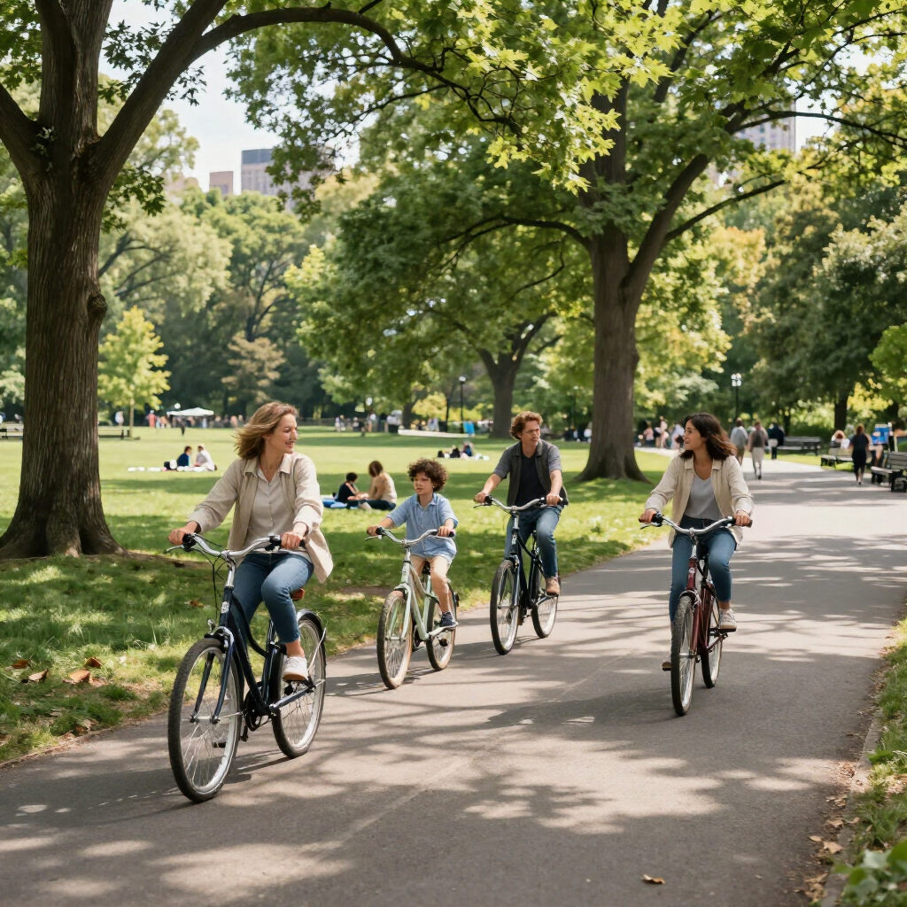 People biking on a tree-lined park path on a sunny day