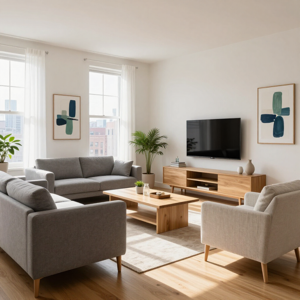 Bright living room with gray sofas, wooden coffee table, TV console, plants, and sunlight through large windows