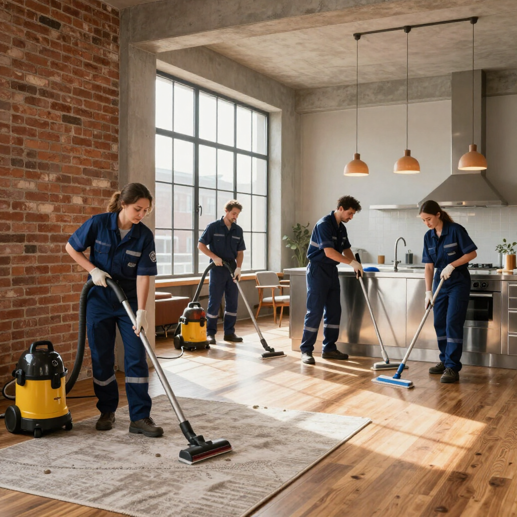 Cleaning crew mopping and vacuuming a sunlit loft apartment with brick walls and large windows