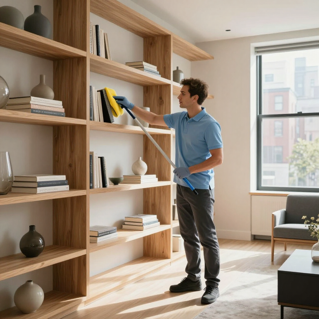 Man dusting tall wooden bookshelves in a bright living room with a window and sofa nearby