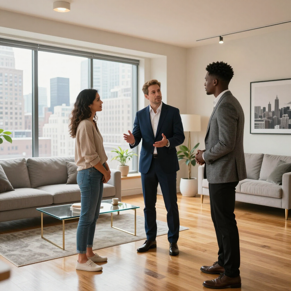 Three coworkers talking in a bright modern living room with city views