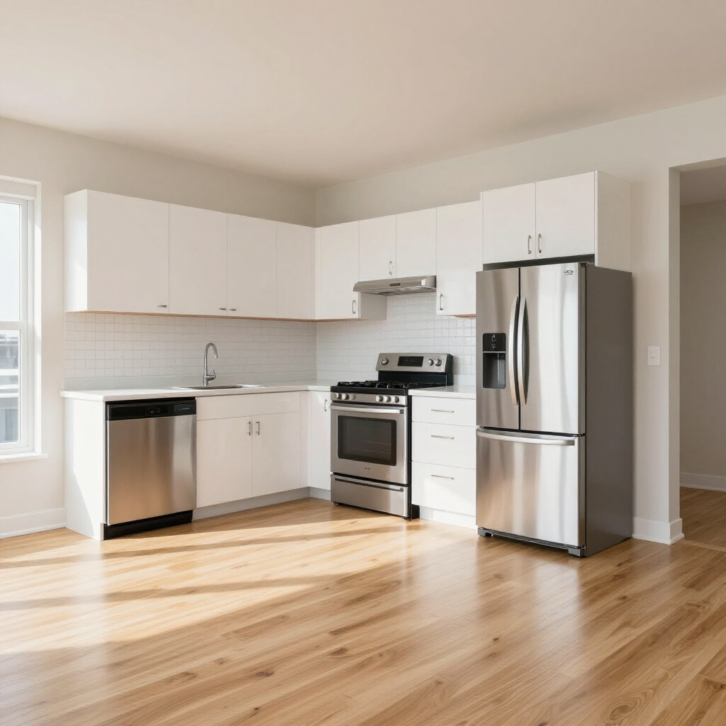 Bright modern kitchen with white cabinets, stainless steel appliances, and light wood floors.