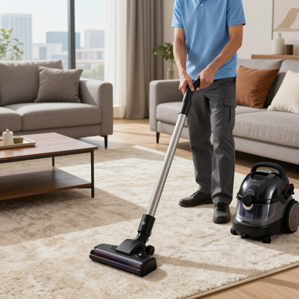 Person vacuuming a beige rug in a bright living room with a canister vacuum nearby