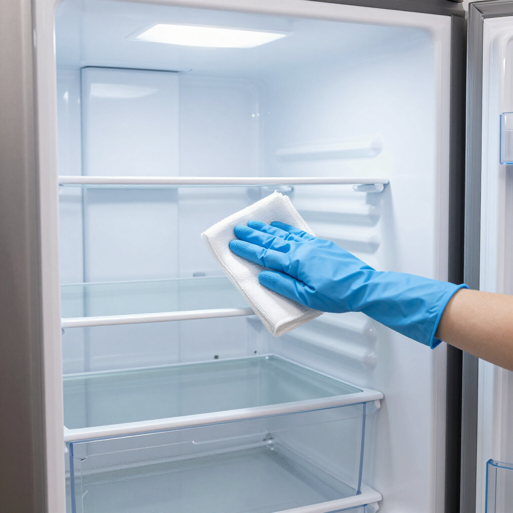 Gloved hand wiping clean an empty refrigerator shelf with a cloth