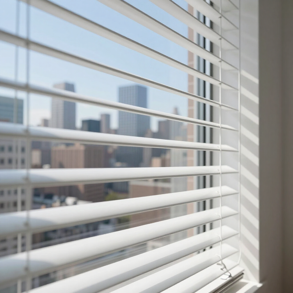 White window blinds with a blurred city skyline outside a bright office window
