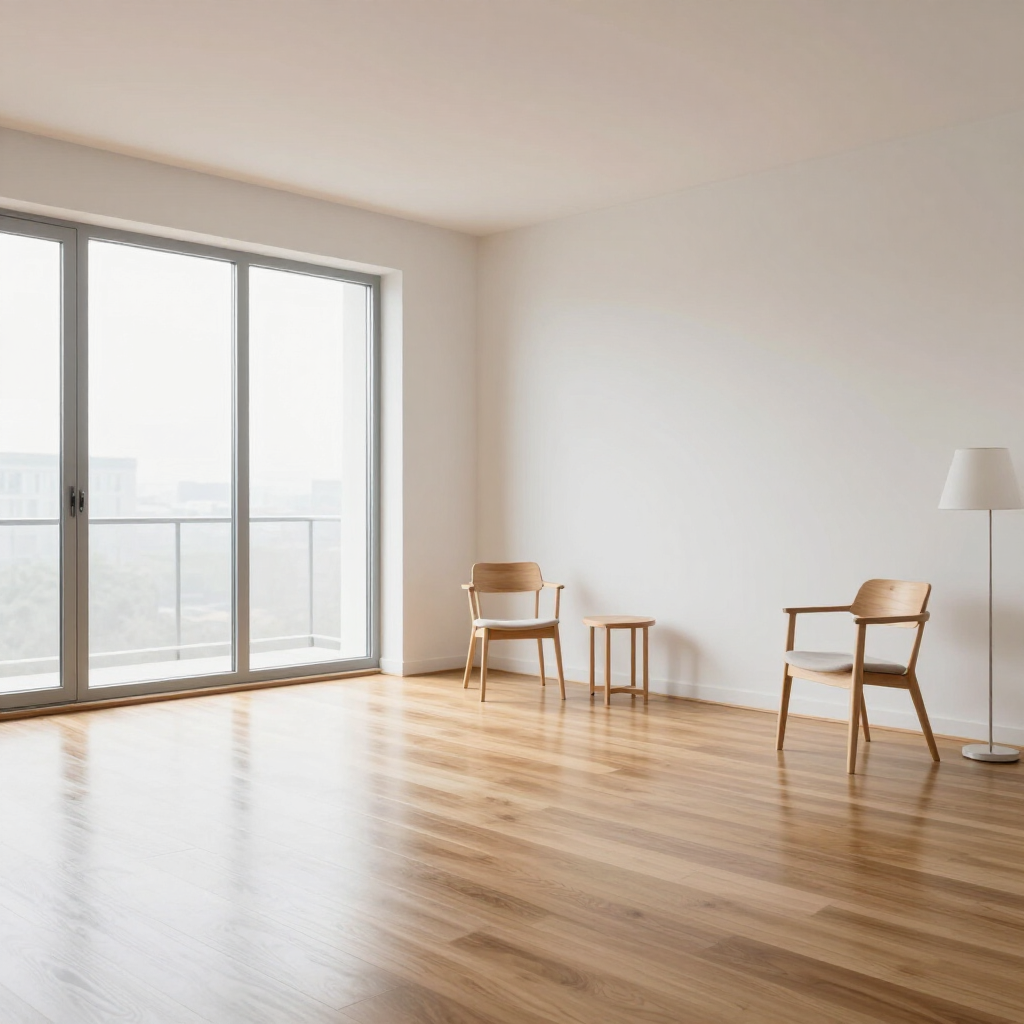 Bright empty room with hardwood floors, large windows, and two wooden chairs with a small table