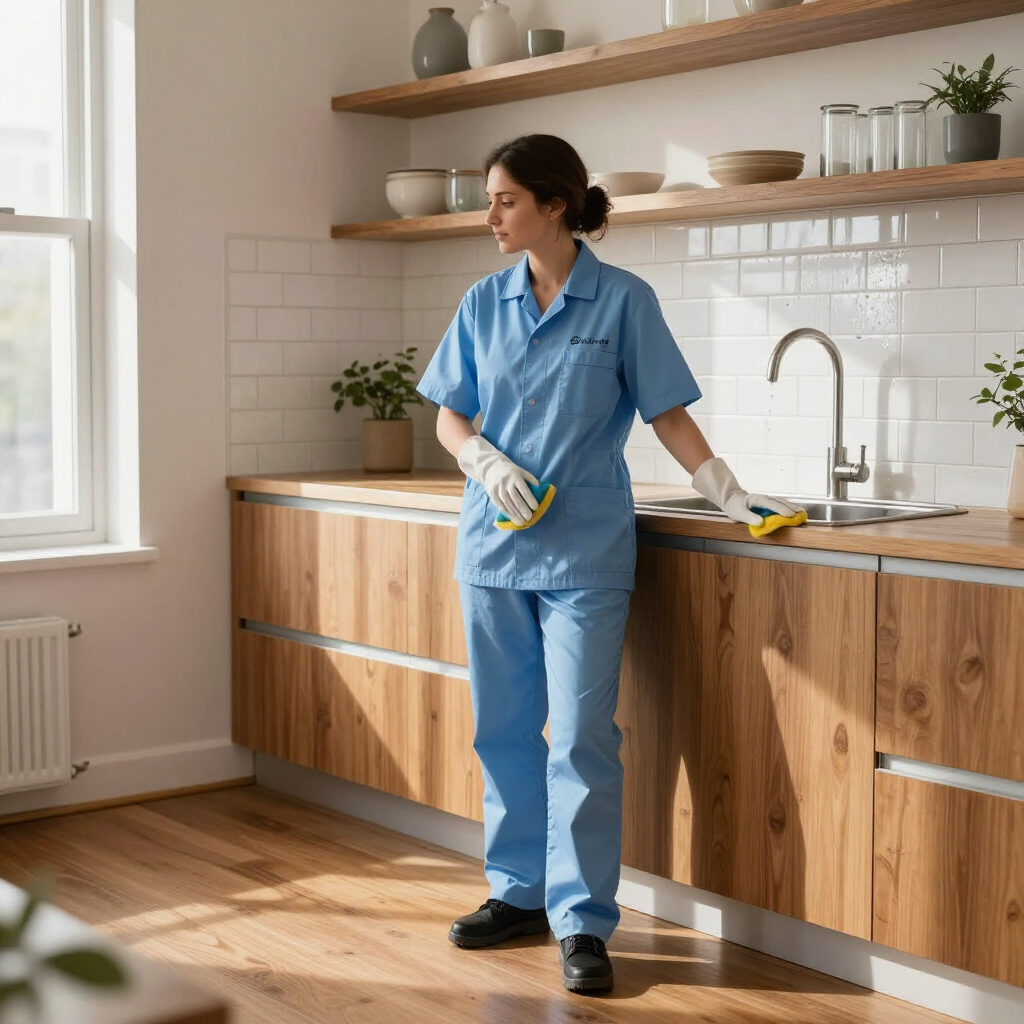 Person cleaning a wooden kitchen counter in a bright modern kitchen, holding a spray bottle and cloth.