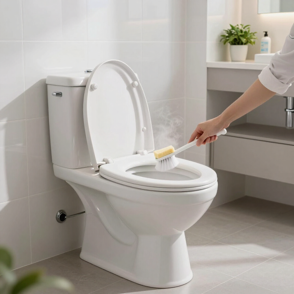 Person cleaning a white toilet with a brush in a bright bathroom