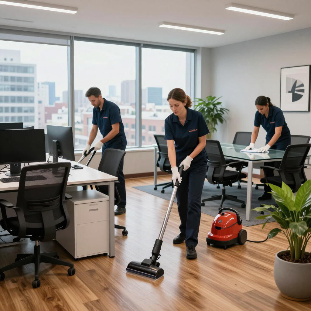 Three cleaners vacuuming a modern office with desks, windows, and a red canister vacuum.