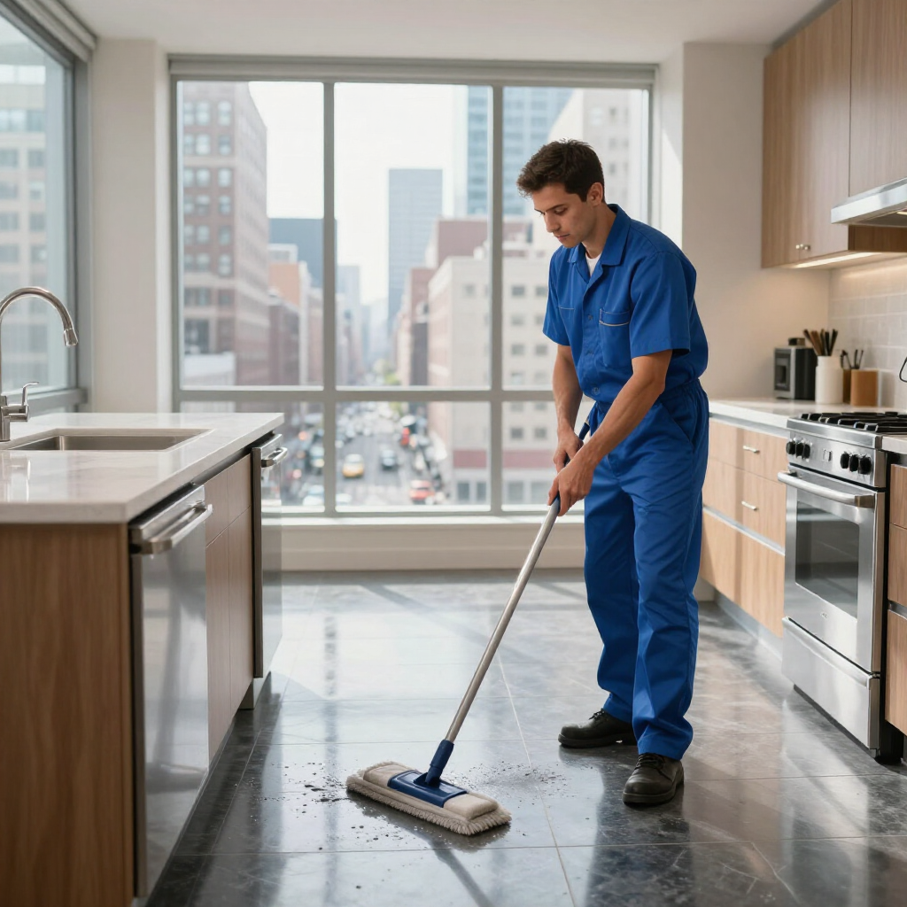Person mopping a modern kitchen floor with city windows in the background
