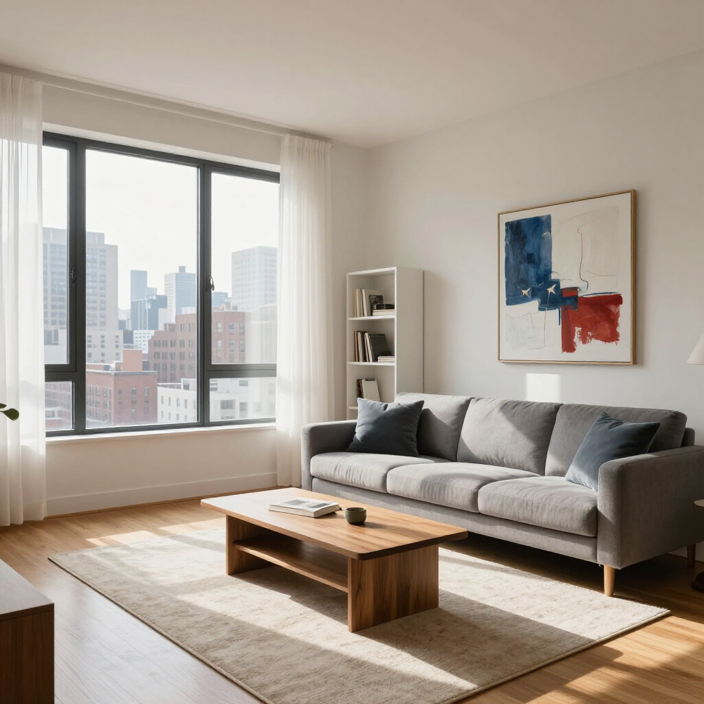 Bright living room with gray sofa, wooden coffee table, large window, and abstract wall art.