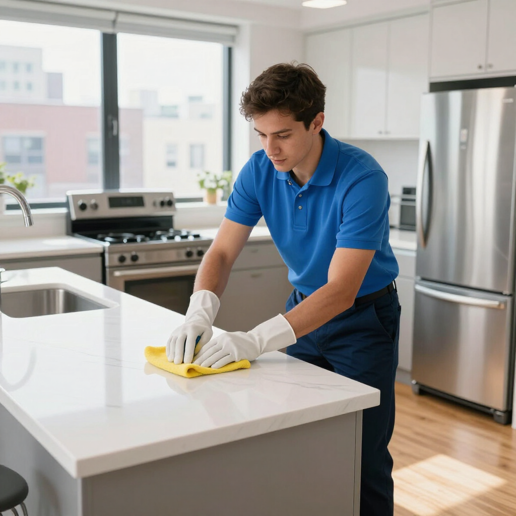 Person in blue polo cleaning a white kitchen countertop with a yellow cloth and spray bottle