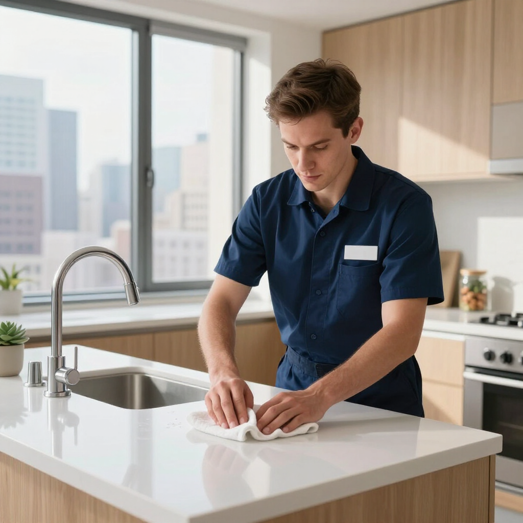 Person wiping a white kitchen island with a cloth in a bright modern kitchen