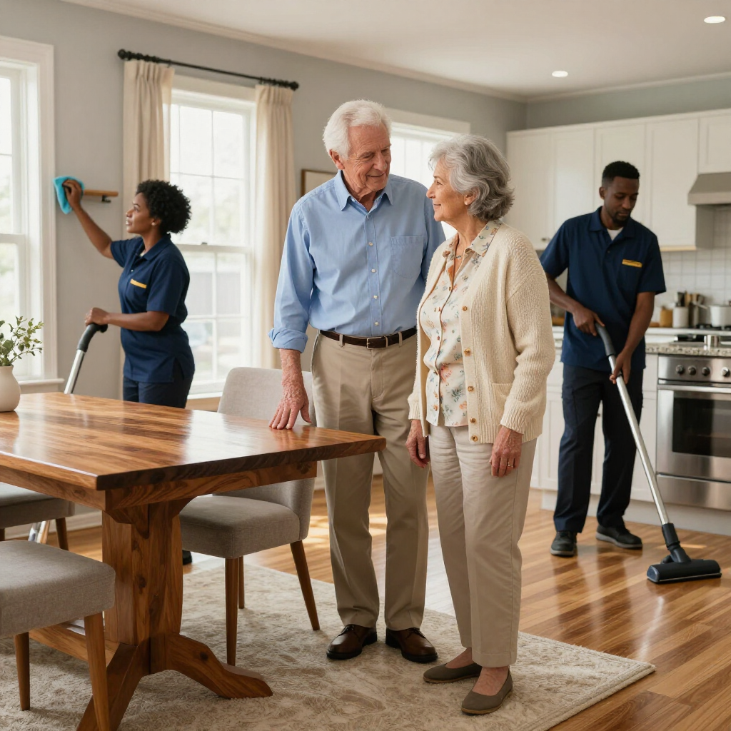Cleaning crew tidies a bright dining room around a wooden table and chairs.