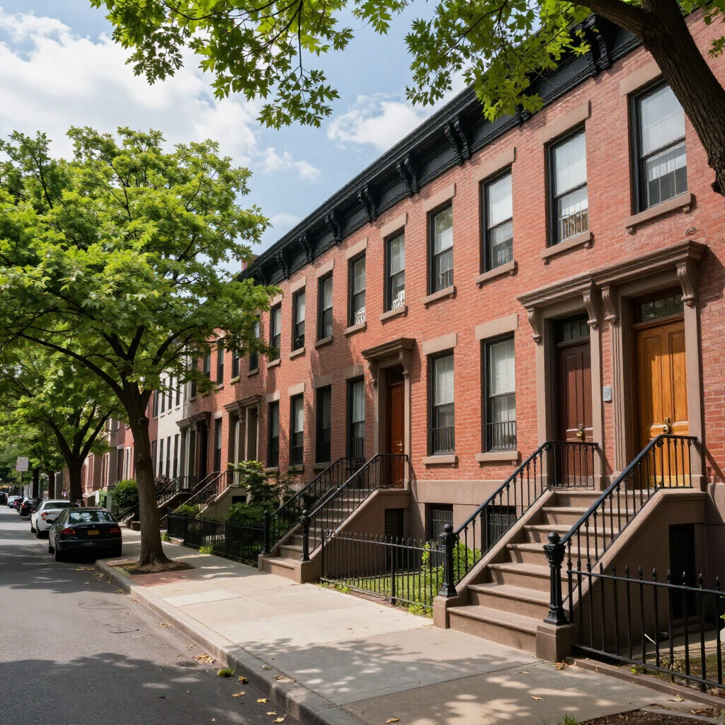 Tree-lined city street with red brick row houses and brownstone stoops on a sunny day