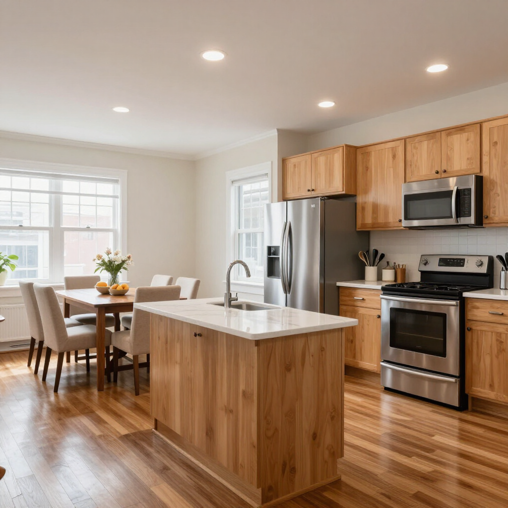 Bright modern kitchen and dining area with wood cabinets, stainless steel appliances, and a central island