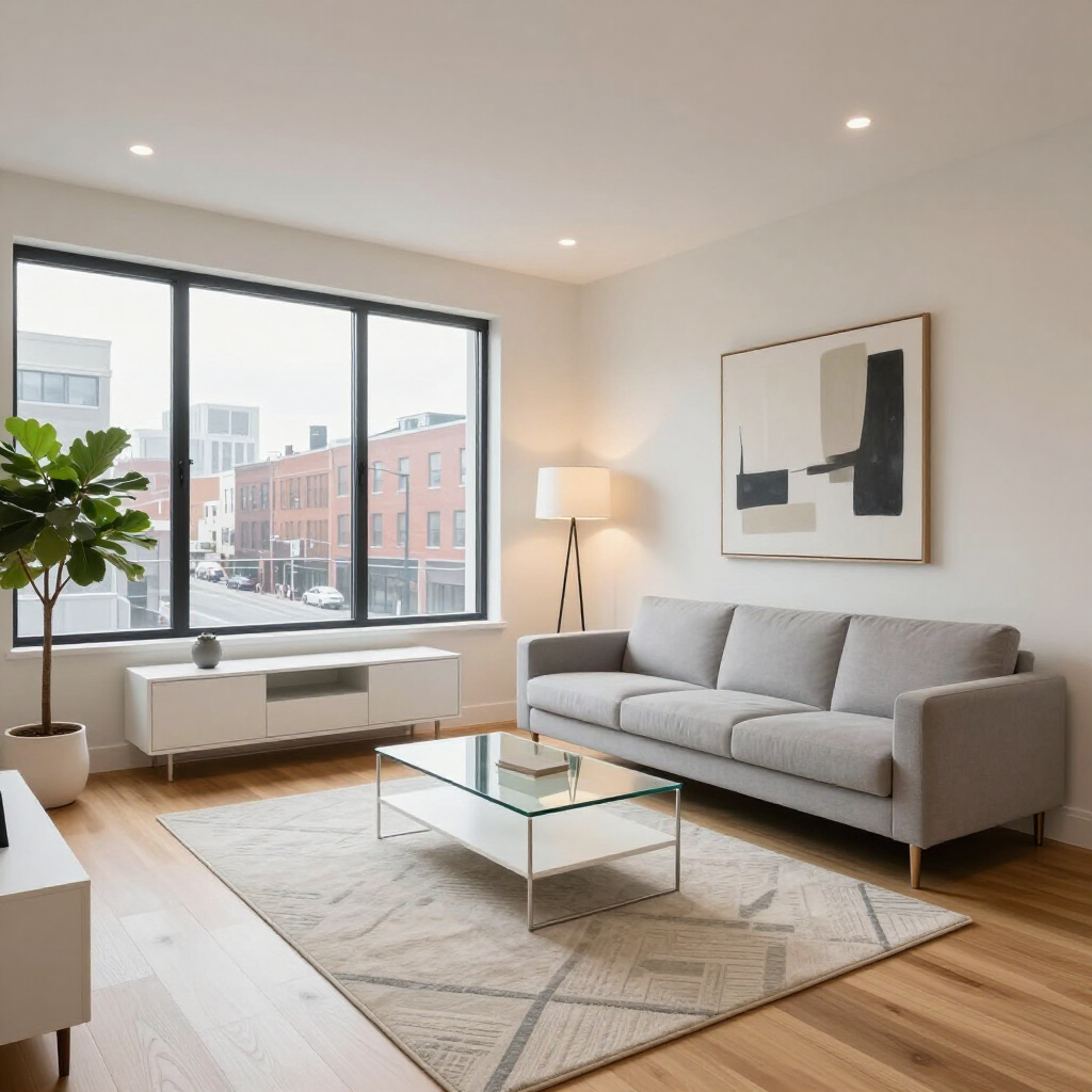Modern living room with gray sofa, glass coffee table, large window, and abstract wall art