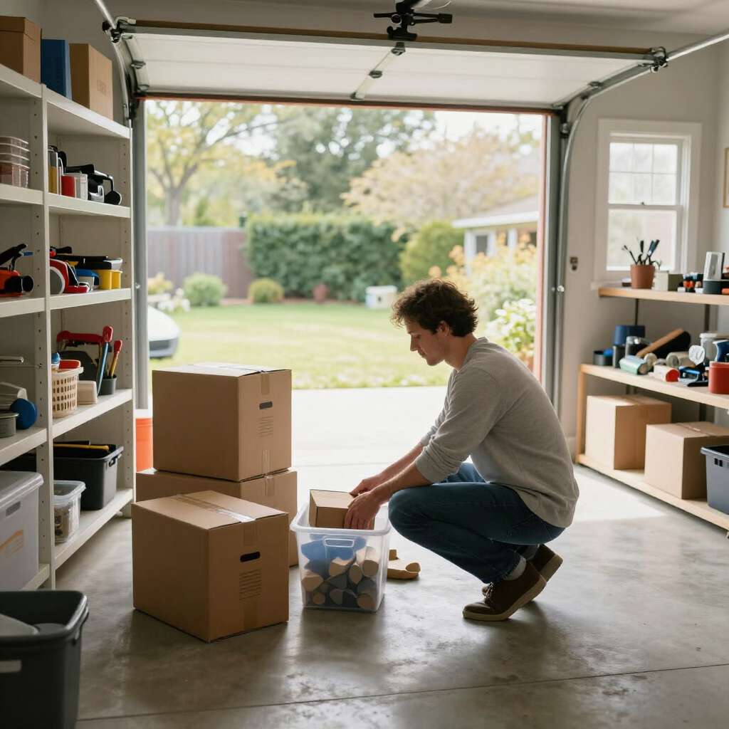 Person packing boxes in a garage with shelves of tools and a view of a yard outside
