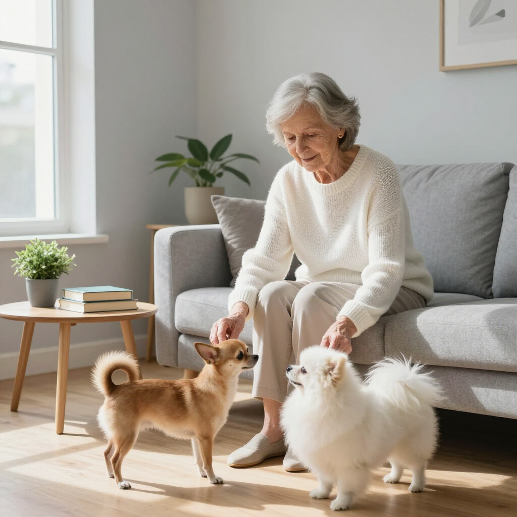 Woman sitting on a sofa petting two small dogs in a bright living room