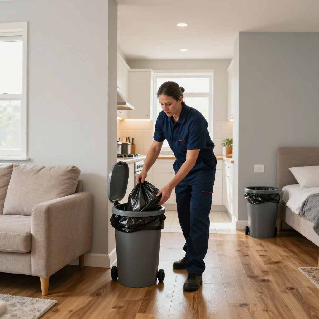 Person placing a trash bag into a gray bin in a bright apartment bedroom-kitchen area