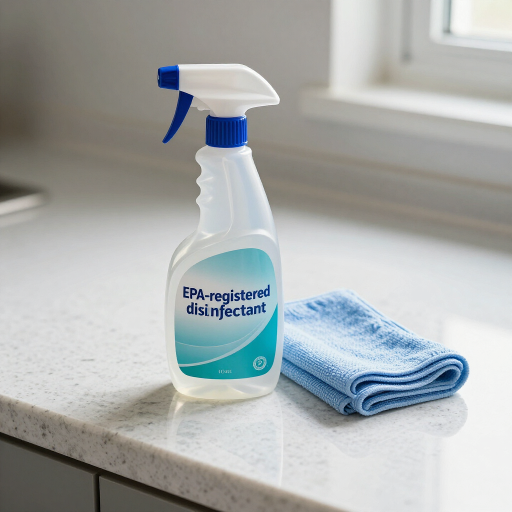 EPA-registered disinfectant spray bottle beside a folded blue microfiber cloth on a countertop