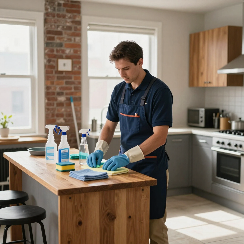 Person cleaning a kitchen island with spray bottles and cloths in a bright modern kitchen