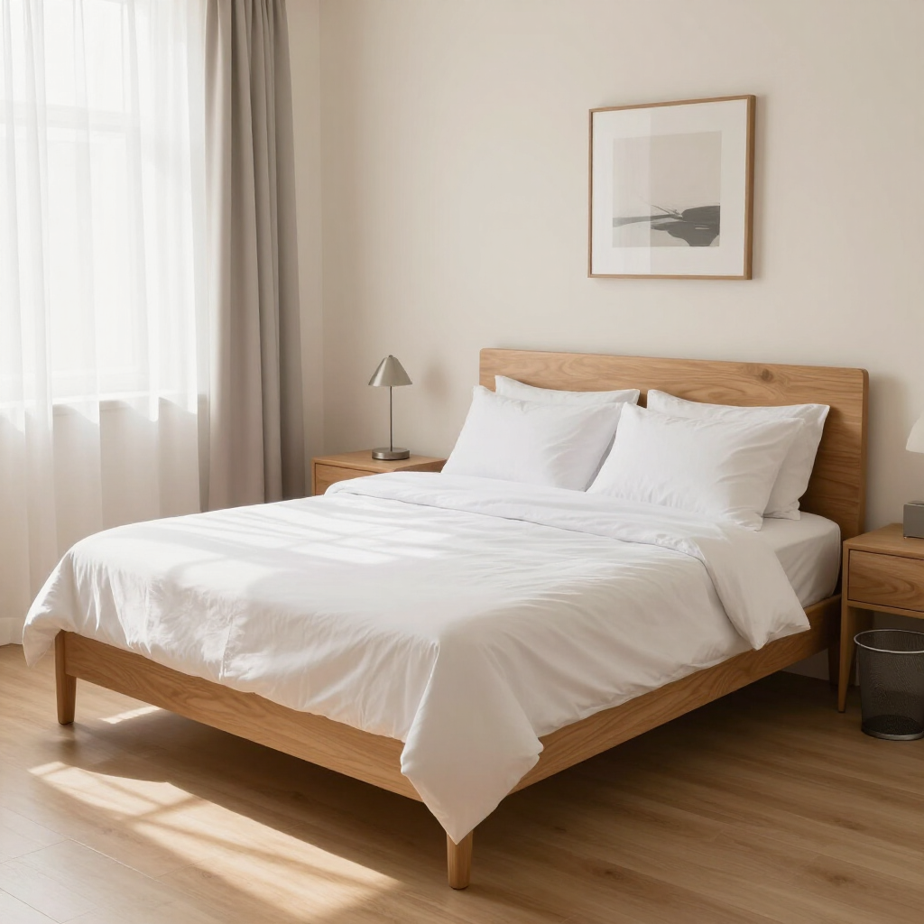 Bright minimalist bedroom with a wooden bed, white bedding, bedside table, and framed wall art.