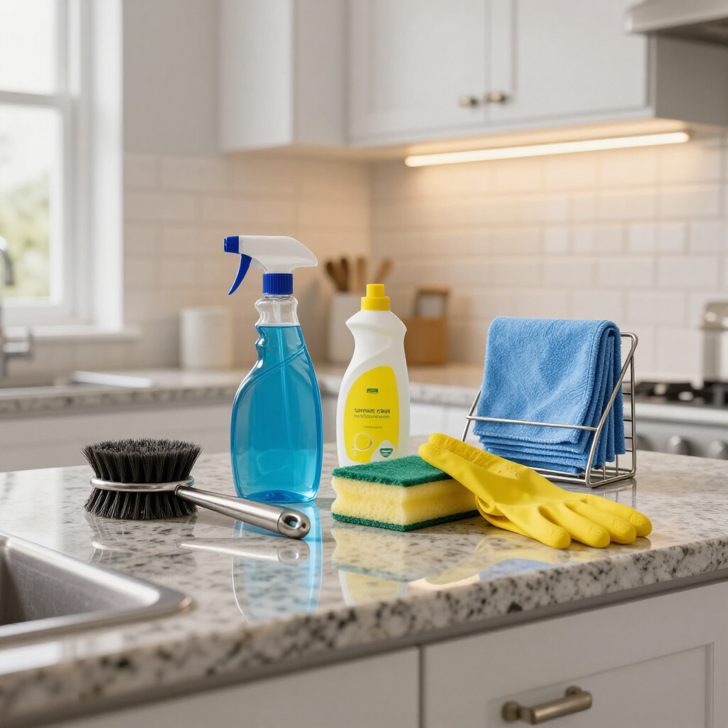 Cleaning supplies on a kitchen counter: blue spray bottle, detergent, brushes, gloves, sponge, and cloth.