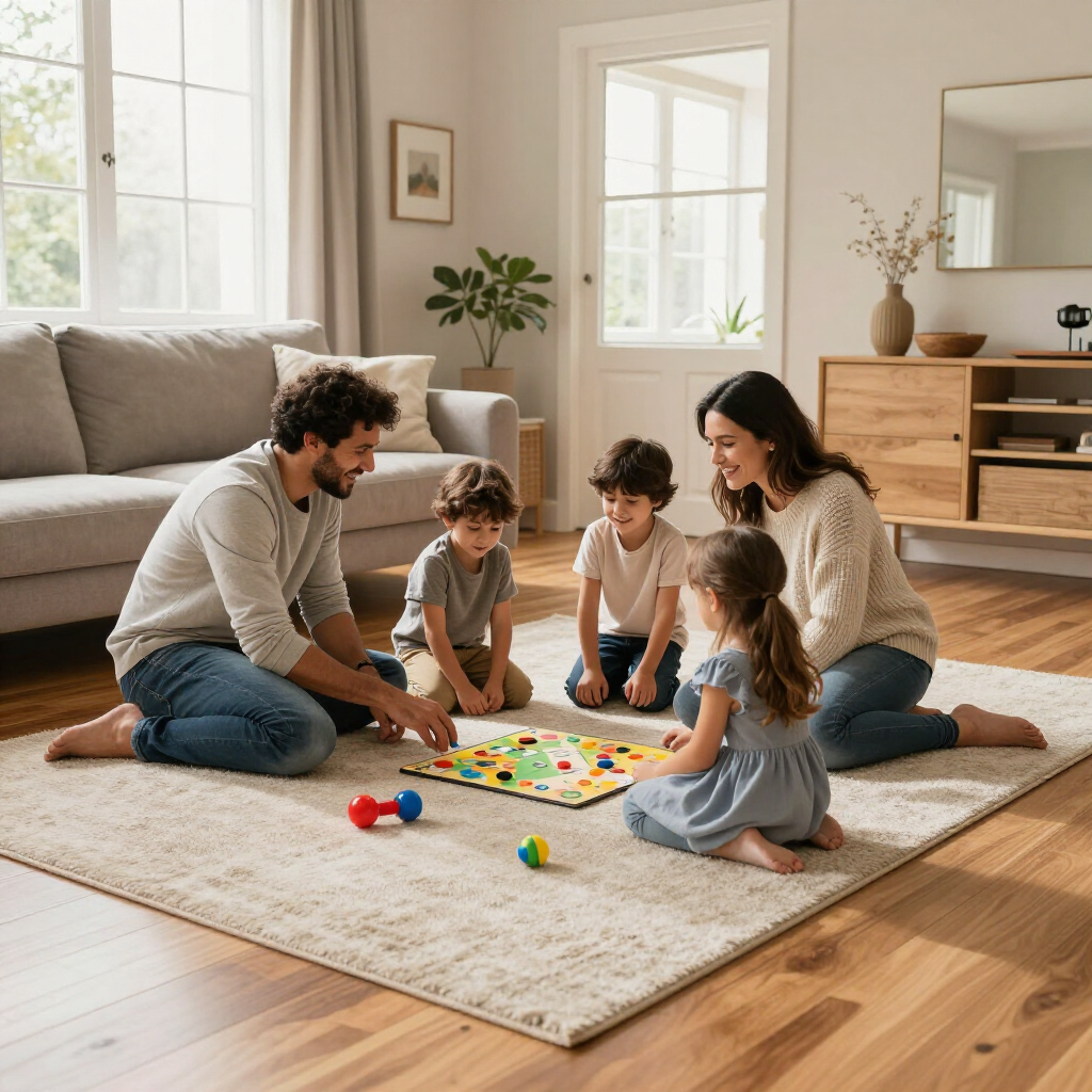 Family playing a board game on a rug in a bright living room