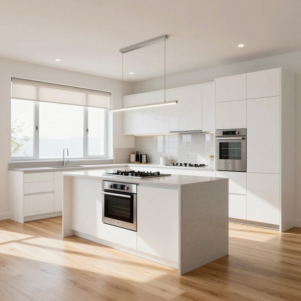 Bright modern white kitchen with island, built-in oven, large window, and light wood floors