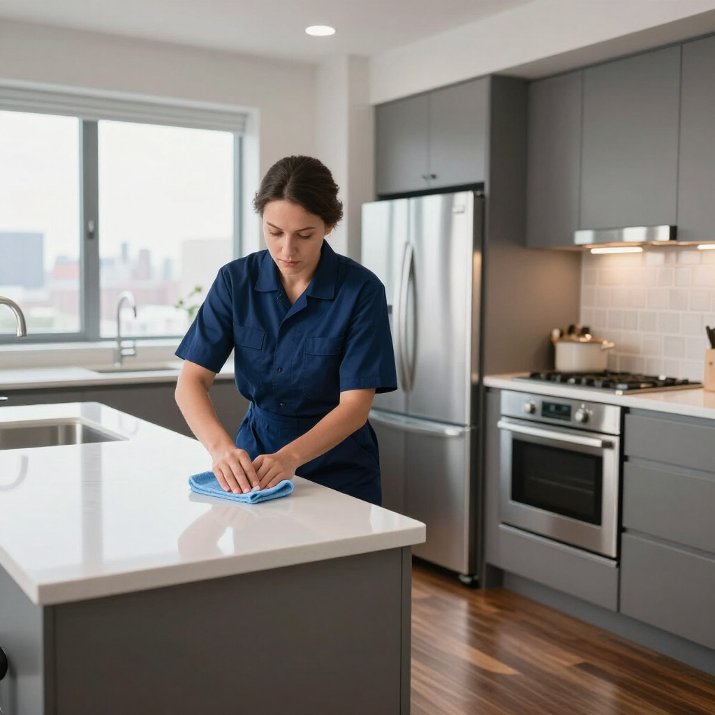 Person cleaning a kitchen island with a blue cloth in a modern kitchen