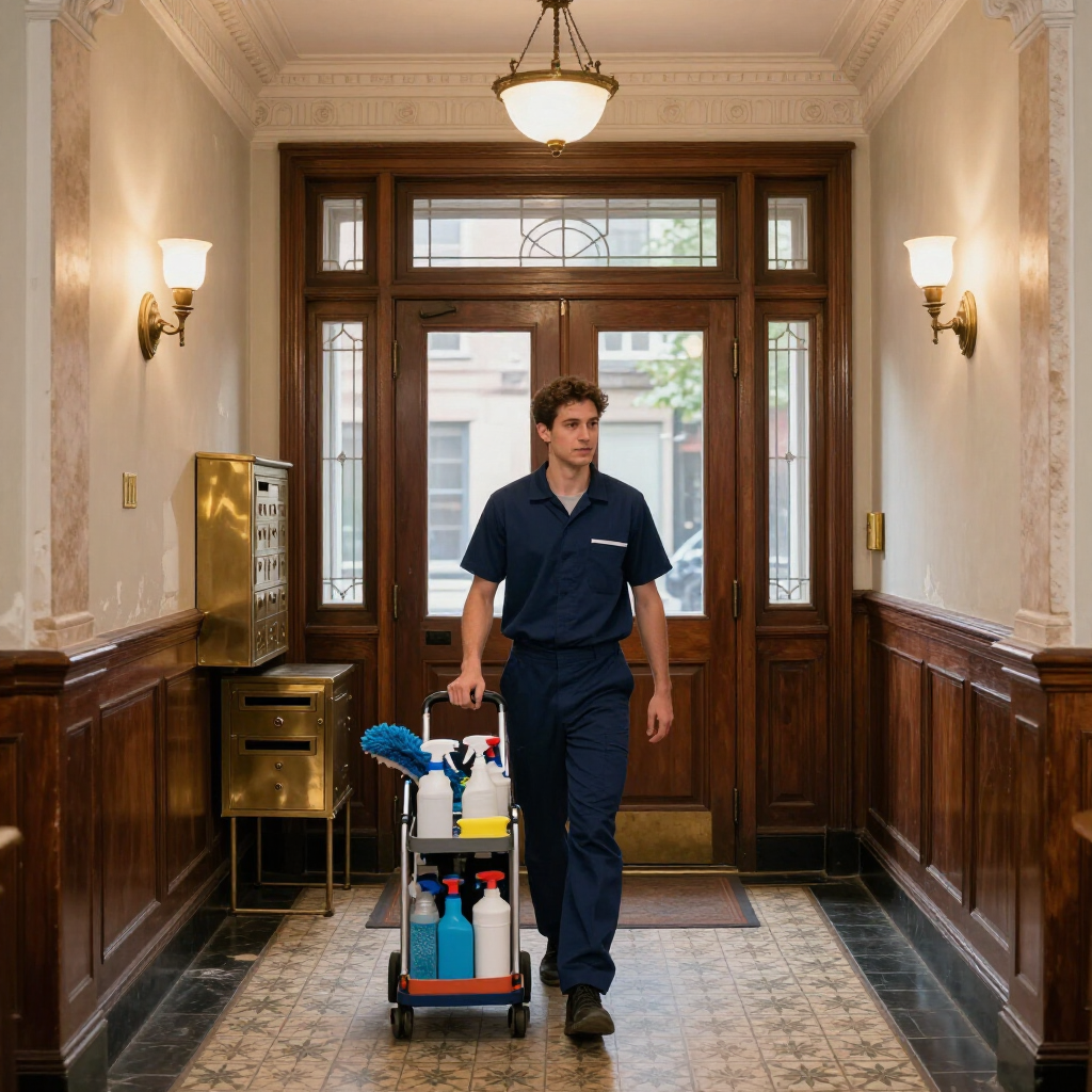 Worker in navy uniform pushing a cleaning cart down a wood-paneled hallway