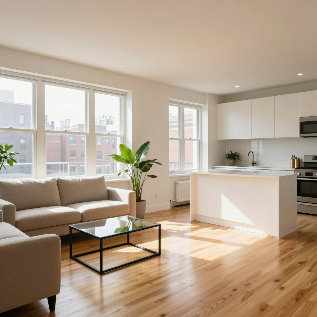 Bright modern living room with beige sofa, indoor plant, coffee table, and open kitchen with sunlight.