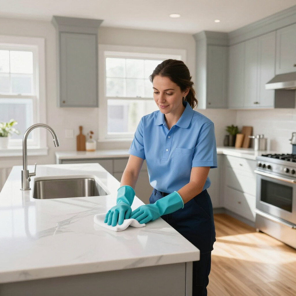 Woman cleaning a bright kitchen countertop with gloves and spray bottle