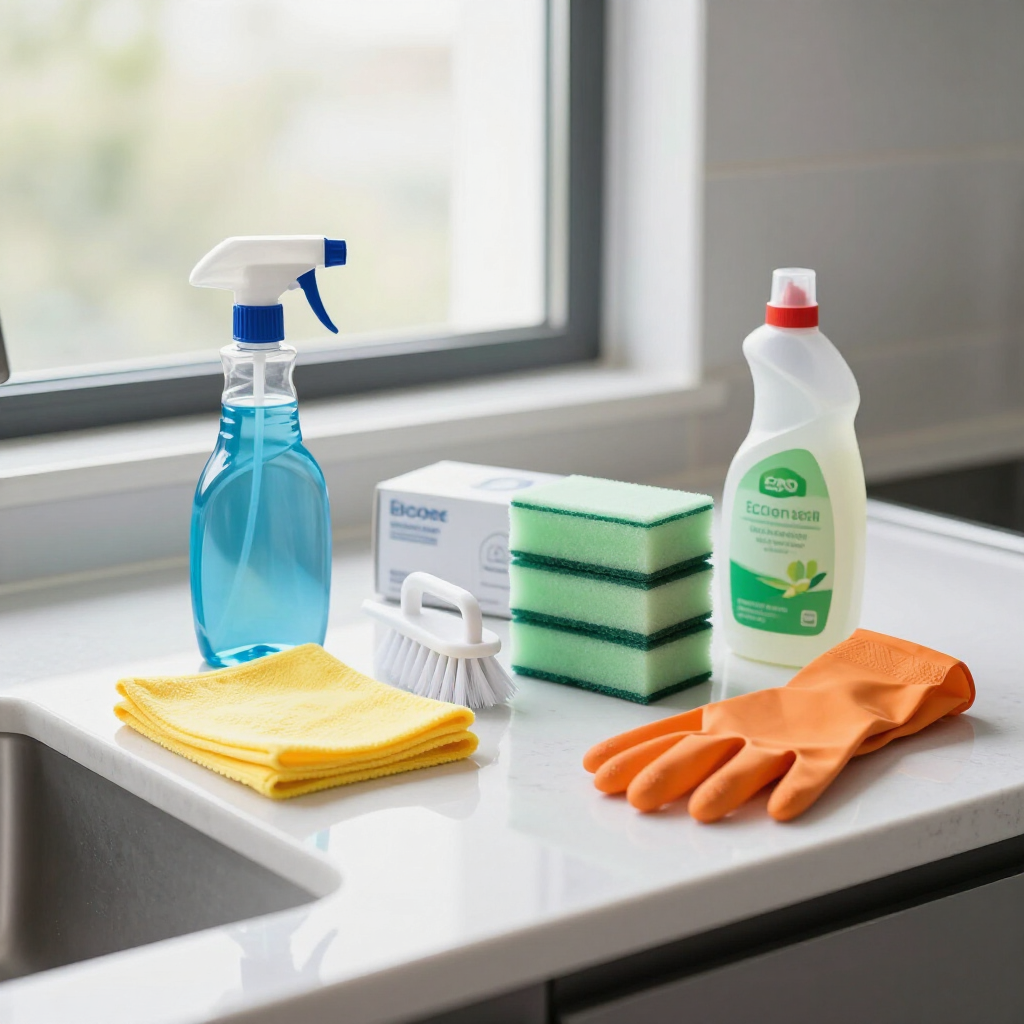 Cleaning supplies on a sink counter: spray bottle, cloths, sponge, detergent, scrub brush, and gloves.